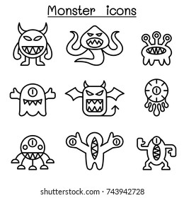 Monster icon set in thin line style