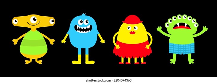 Monster icon set wearing clothes. Happy Halloween. Kawaii cute cartoon funny baby character. Sticker print. Eyes, horn, fang teeth tongue, wing. Line banner. Flat design. Black background. Vector
