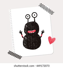 Monster illustration design on torn taped paper