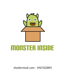 Monster inside logo design vector. Cute happy monster in the box. Suitable for children's toy product, mascot character, halloween celebration