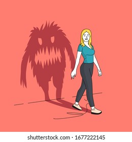 The Monster Inside You. A seemingly happy women casting a long shadow in the shape of a monster. People vector illustration.