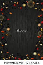 Monster ivy plants with lantern border vector for decoration in Halloween holiday festival.