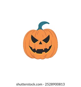 Monster jack lantern orange pumpkin cut out glowing scary face on white background. Cartoon creepy spooky character or festive Halloween design. Vector