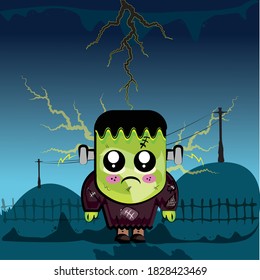 Monster kawaii on a thunder night. Halloween cartoon - Vector