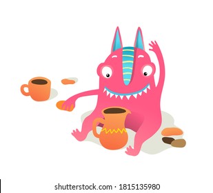 Monster kid character playing with play dough or clay, making crockery happy smiling. Cute creature for handmade festival. Vector cartoon illustration for kids isolated clip art.