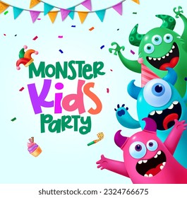 Diseño vectorial de fiesta para niños monstruo. Tarjeta de invitación de fiesta de cumpleaños con decoración colorida y divertida de personaje monstruo. Ilustración vectorial personajes lindos de mascota.