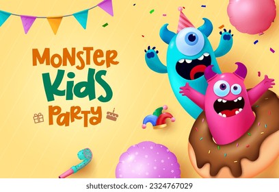 Monster kids party vector design. Birthday kids party text with mascot, cartoon and cute creature characters. Vector illustration birthday celebration background.