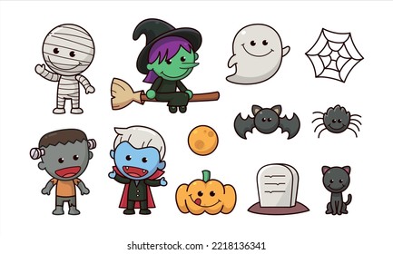 Monster kids in spooky scary Halloween theme style including pumpkin, cat, bat, spider web, tomb, moon, ghost, mummy, witch, vampire, and Frankenstein, flat vector illustration. Halloween costumes.