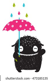 Monster for Kids with Umbrella under Colorful Rain Drops. Happy funny childish little monster with umbrella in the rain for children cartoon illustration. Vector drawing.