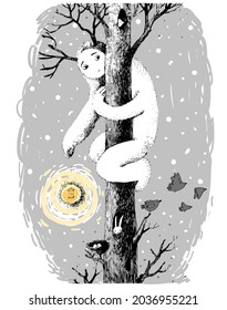 Monster with a lantern on a tree in the forest. Cute cartoon yeti. 
Hand drawing isolated objects on white background. Vector illustration. 