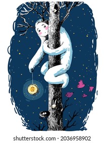 Monster with a lantern on a tree in the forest. Cute cartoon yeti. 
Hand drawing isolated objects on white background. Vector illustration. 