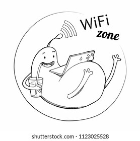 Monster with laptop in free wi fi zone