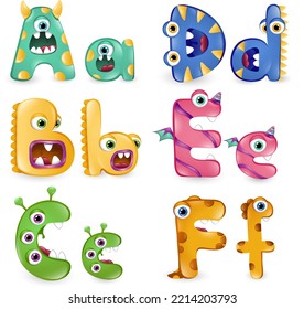 Monster Letters On White Background. Colourful Alphabet Of Different Cute Monsters 