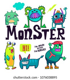 Monster life t shirt design with original text, doodle cartoon beast character worth horn, fangs, mustache, many eyes,  irregular shape of body, different emotions. Cloud with text I'm your night mare