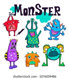 Monster life t shirt design with original text, doodle cartoon beast character worth horn, fangs, mustache, many eyes,  irregular shape of body, different emotions. Cloud with text I'm your night mare