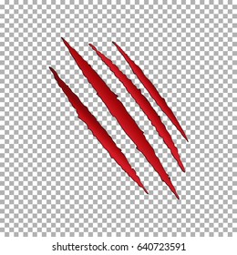 Monster lion attack tear. Red Claws scratching animal tiger, bear break isolated on transparent background. Decoration vector illustration.