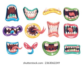 Los labios de monstruo. Monstruos bocazas colmillos de dientes y lengua saliva, criaturas ríen expresión graciosa de la cara o un cráneo rugido de boca terrible, caricatura de emoción de horror, ilustración vectorial de los dientes y lengua