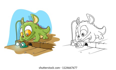 Monster Lizard Catching a Little Slug. A Printable Coloring Book Page and Colored Example.