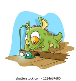 Monster Lizard Catching a Little Slug. A Colored Illustration.