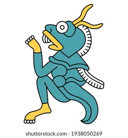 Monster locust. Native American art of Aztec Indians. Animal pre Columbian mythological design from Mexican codex. Isolated vector illustration. 