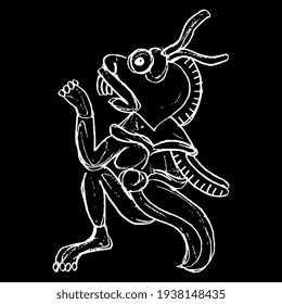 Monster locust. Native American art of Aztec Indians. Animal pre Columbian mythological design from Mexican codex. Hand drawn linear doodle rough sketch. White silhouette on black background.