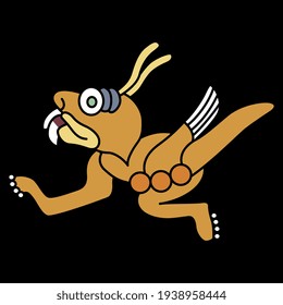 Monster locust. Native American art of Aztec Indians. Animal pre Columbian mythological design from Mexican codex. Isolated vector illustration. On black background.