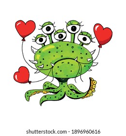 Monster in love, octopus green many eyes, cute character, red balloons, valentine's day, t-shirt print, greeting card.