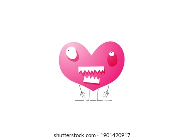 A monster of love in search of its victim. Watch out for a love zombie bite. Valentine's card. Characters are created in a linear style with a black line. Combined with brightly colored elements.