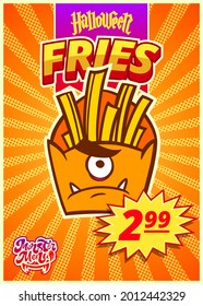 Monster menu with fries. A vertical banner with a price tag for a fast food cafe on Halloween day. Vector illustration.