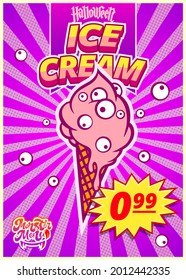 Monster menu with ice cream. A vertical banner with a price tag for a fast food cafe on Halloween day. Vector illustration.