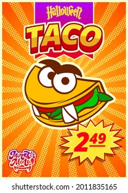 Monster menu with Mexican tacos. Vertical banner with price tag for Fast food cafe for Halloween day. Vector illustration.