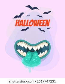 Monster month with dripping saliva for Halloween poster design. Flying bats on abstract background. Celebration, holiday, party concept. Vector illustration for invitation or banner