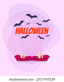 Monster month for Halloween poster design. Flying bats on abstract background. Celebration, holiday, party concept. Vector illustration for invitation or banner