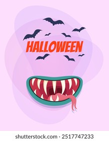 Monster month with sharp teeth for Halloween poster design. Flying bats on abstract background. Celebration, party, holiday concept. Vector illustration for invitation or banner