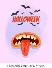 Monster month with tongue for Halloween poster design. Flying bats on abstract background. Celebration, holiday, party concept. Vector illustration for invitation or banner