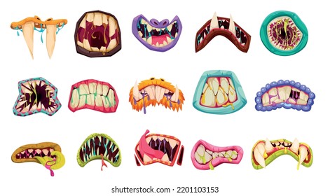 Monster mouth cartoon set of fancy shape isolated elements with fangs and teeth for game design flat vector illustration