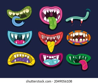 Monster mouth cartoon set. Vector illustration of funny scary smile with tongue and teeth. Crazy laughing face of alien animal, troll or yeti creature, devil beast character. Halloween creepy concept