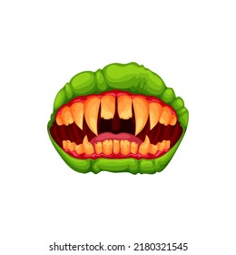 Monster Mouth, Creepy Zombie Or Alien Jaws With Sharp Teeth Isolated Cartoon Icon. Vector Tongue,green Elf Lips And Saliva Or Goo. Halloween Creature Roaring Mouth , Spooky Devil Angry Grin Goblin