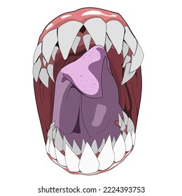 Monster mouth. Funny facial expression, open mouth with tongue and drool. Scary lips teeth and tongue monster. Halloween monster mouth