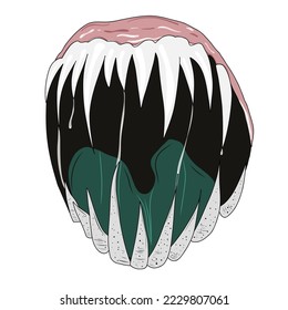Monster mouth. Funny facial expression, open mouth with tongue and drool. Scary lips teeth and tongue monster. Halloween monster mouth