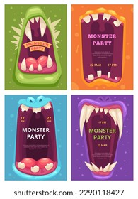 Monster mouth poster. Scary party invitations placards with angry mouth exact vector template with place for text