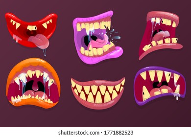 Monster mouth. Scary mouth with sharp teeth and long tongue. Spooky smile and angry scream. Angry and mad, smiling emotion of Dracula. 