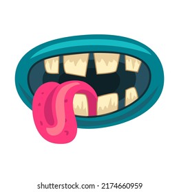 Monster mouth with teeth illustration in cartoon style. Creature mouth with tongue and teeth and dripping saliva. Halloween caricature monster