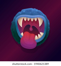 Monster mouth with teeth and protruding tongue vector illustration isolated.