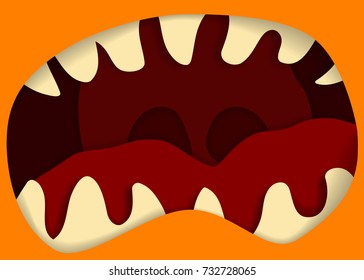Monster mouth and teeth vector illustration, for halloween banner. Illusion of depth. Orange and red halloween monster mouth.