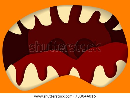 Monster mouth and teeth vector illustration, for halloween banner. Illusion of depth. Orange and red halloween monster mouth with sharpen teeth.