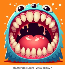 Monster mouth with tongue. Funny monster face expression with mouth closeup, teeth and tongue. Funny facial expression zombie, character cartoon. Cute monster mouth orange background. Monster avatar