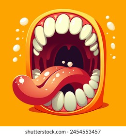 Boca de monstruo con lengua. Halloween miedo y horror boca monstruo dientes y lengua en la boca de primer plano. Divertida expresión facial zombi o caricatura de carácter alienígena. Monstruo lindo boca fondo naranja