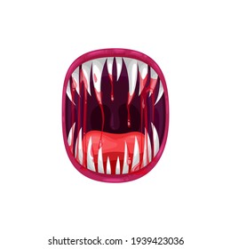 Monster mouth vector icon, creepy yelling alien beast jaws with sharp teeth and long tongue with dripping bloody saliva. Angry creature yell isolated on white background