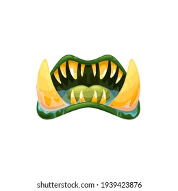 Monster mouth vector icon, creepy ogre or alien jaws with sharp teeth, huge fangs and green tongue or lips and splashing saliva. Halloween creature, orc roaring mouth isolated on white background